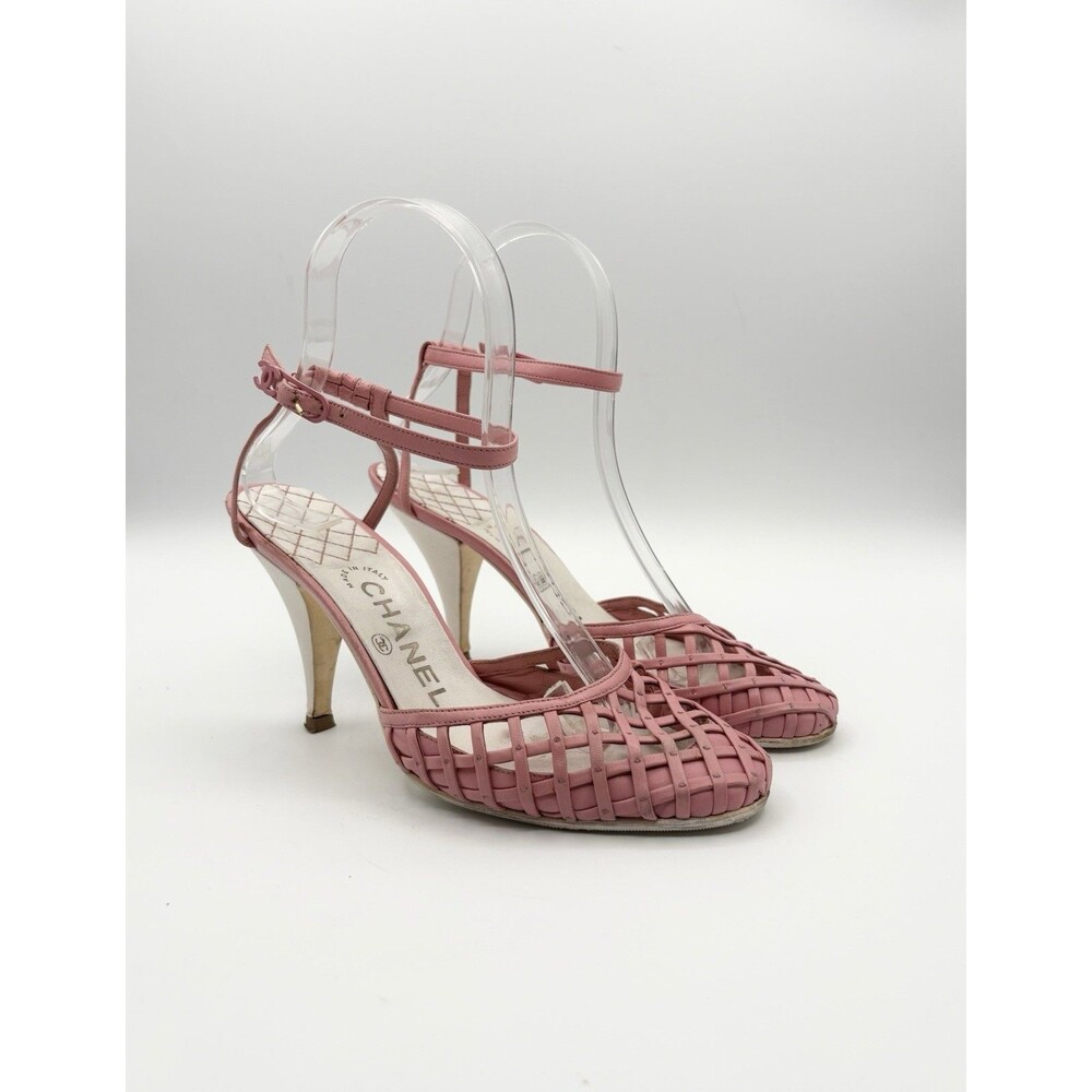 Chanel Pink Basketweave Leather CC Logo Ankle Strap Heels D'Orsay Sz EU 35.5 - Picture 3 of 12